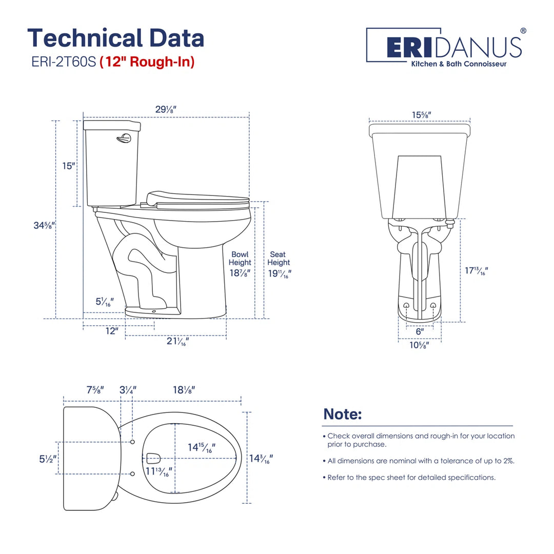 ERIDANUS ERI-2T60S toilet technical data with 12" rough-in dimensions.