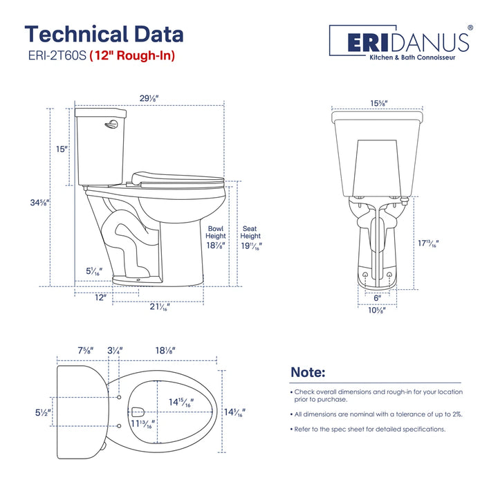ERIDANUS ERI-2T60S toilet technical data with 12" rough-in dimensions.