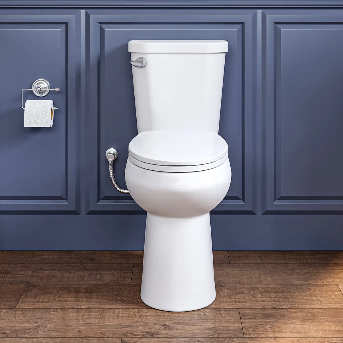 White two-piece elongated ceramic toilet in a modern bathroom.#flush-system_single-flush
