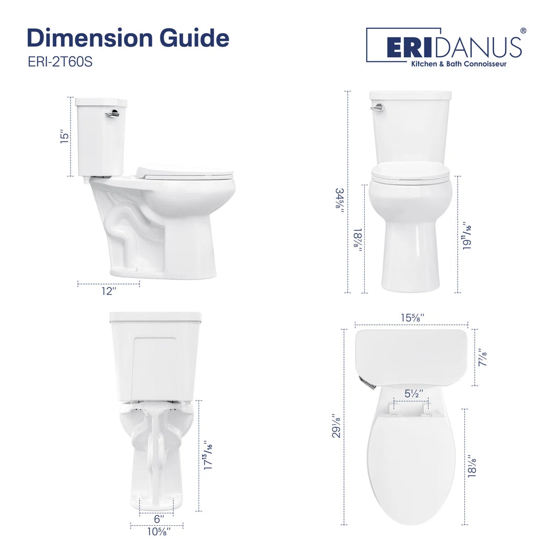 ERIDANUS white toilet ERI-2T60S multi-angle dimension guide.