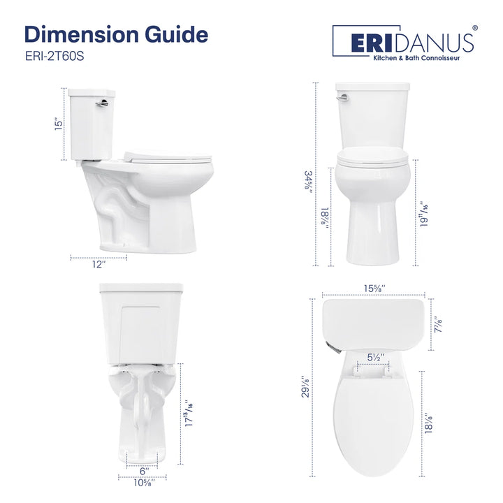 ERIDANUS white toilet ERI-2T60S multi-angle dimension guide.
