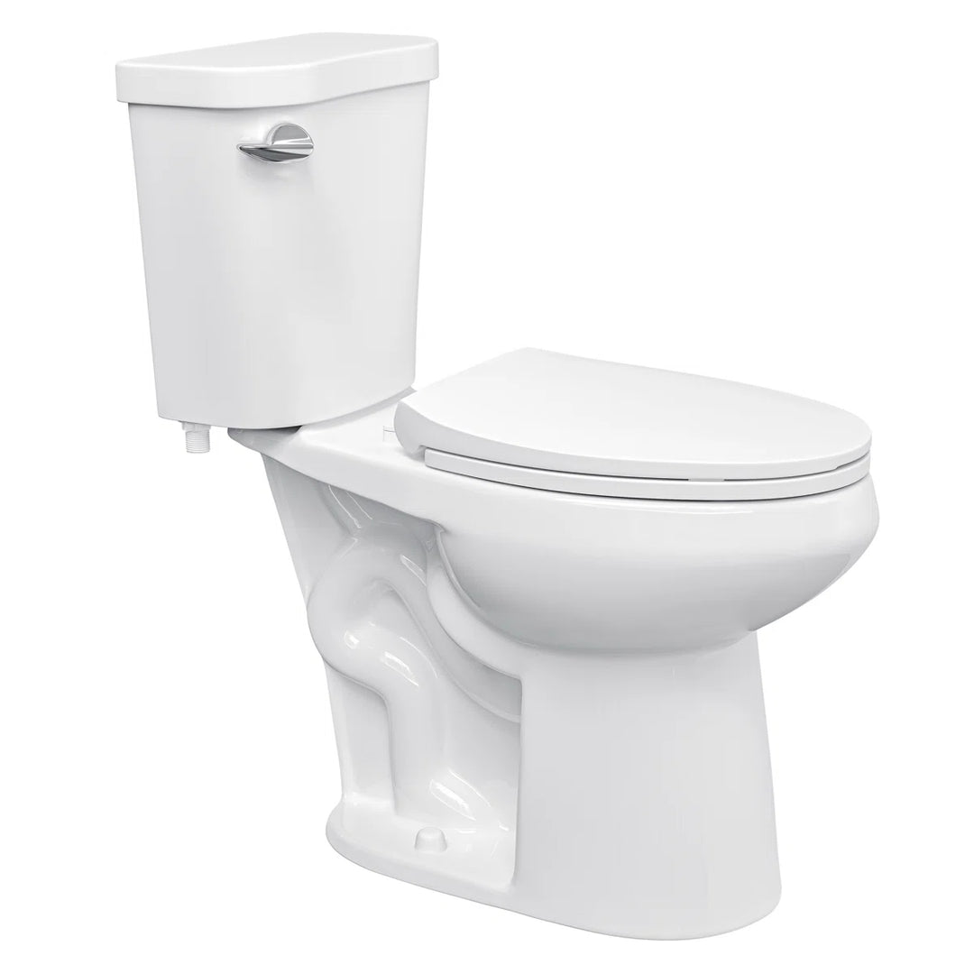 White two-piece elongated ceramic toilet with chrome side flush lever.