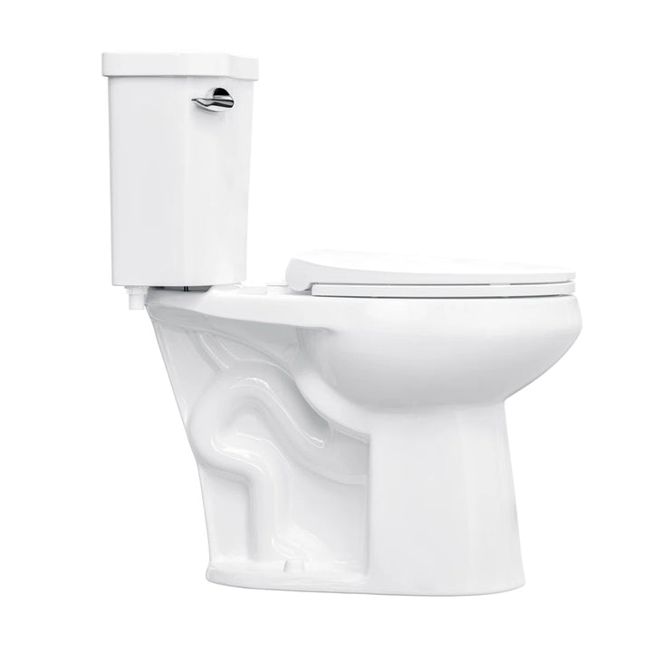 White two-piece elongated ceramic toilet, side view with flush lever.