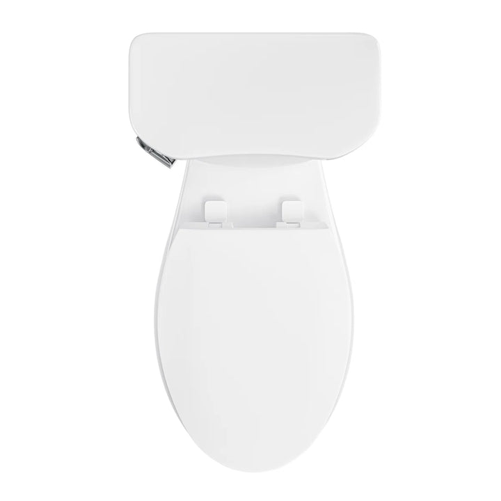 Top view of a white elongated ceramic toilet with a closed lid.