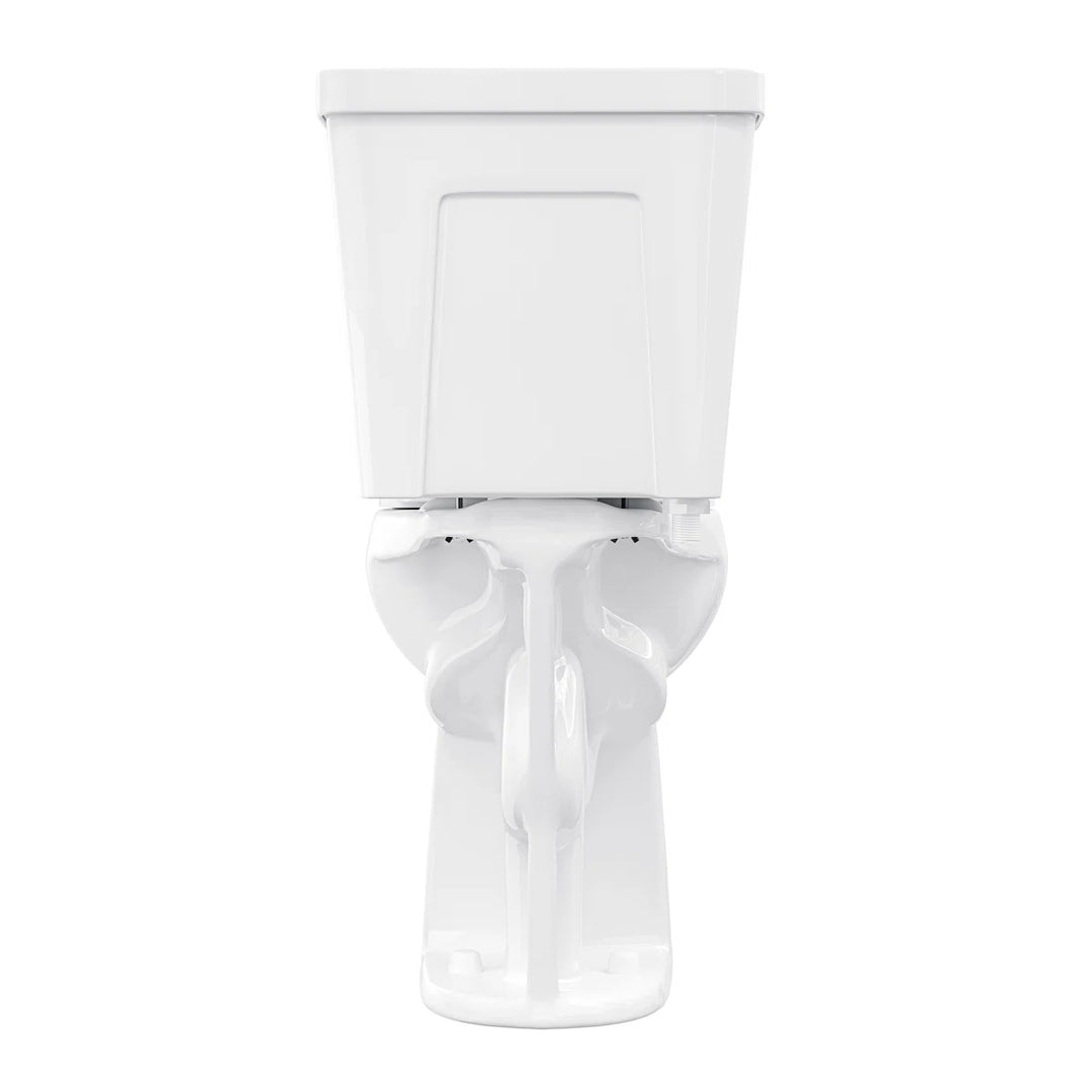Back view of a white two-piece ceramic toilet showing base structure.
