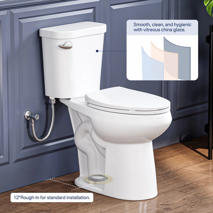 White vitreous china toilet with 12" rough-in for standard installation.