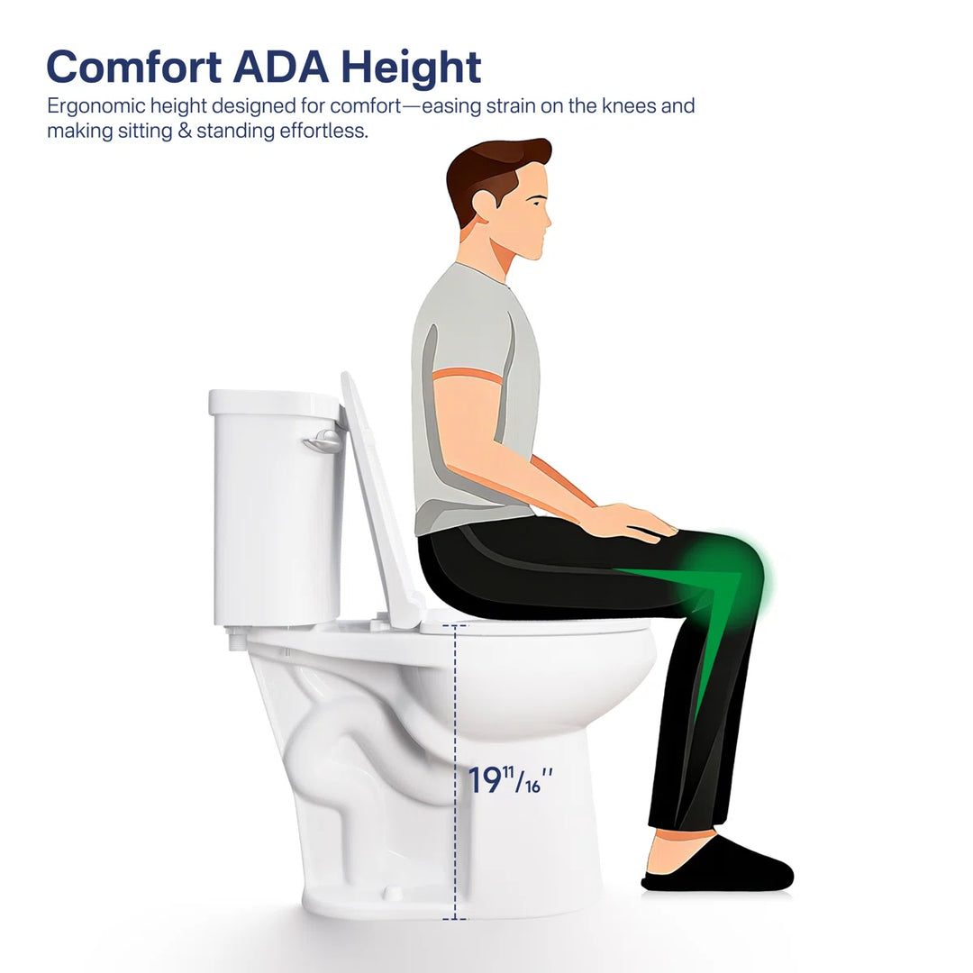 White ADA height toilet for knee comfort, 19-11/16 inches tall.