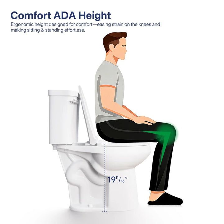 White ADA height toilet for knee comfort, 19-11/16 inches tall.