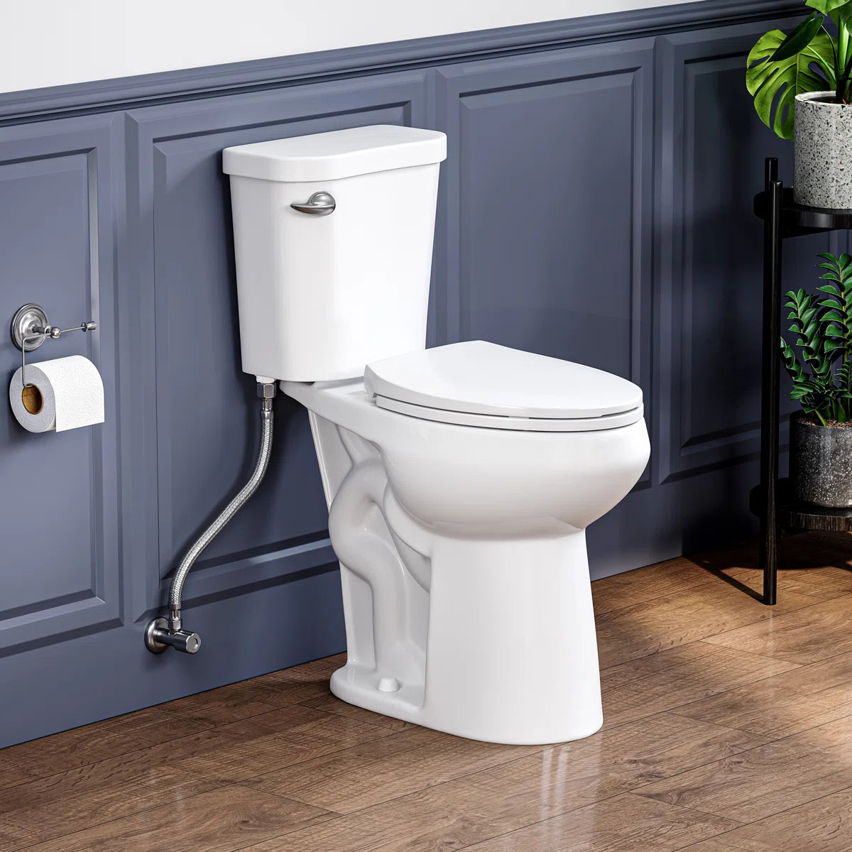 [Brand] White Porcelain Two-Piece Elongated Toilet with Chrome Lever