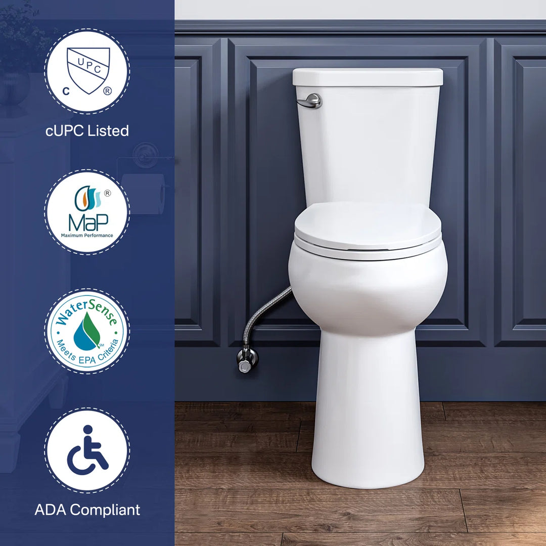 White ADA compliant toilet with cUPC and WaterSense certifications.