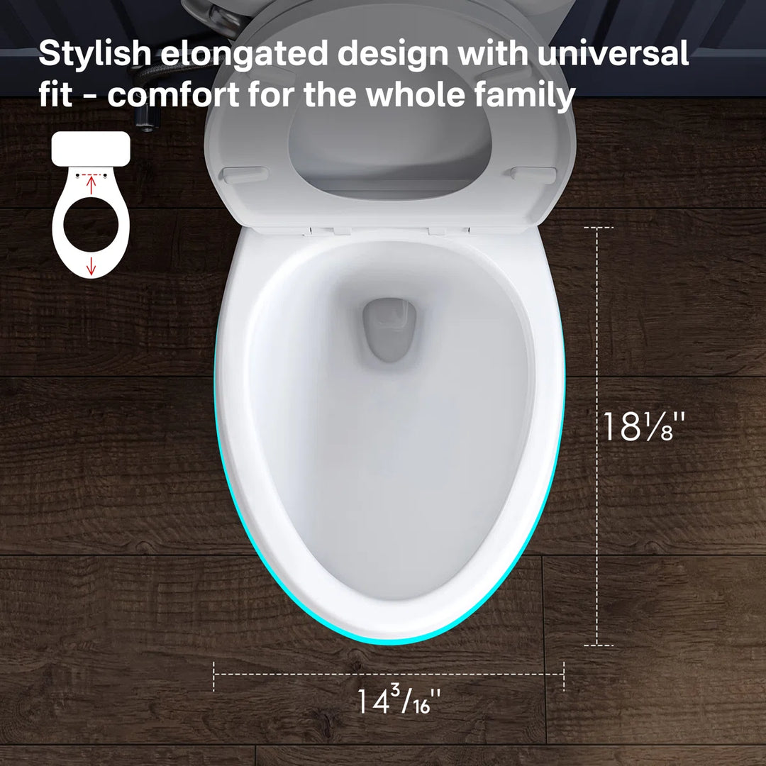 White elongated toilet seat, universal fit design with dimensions.
