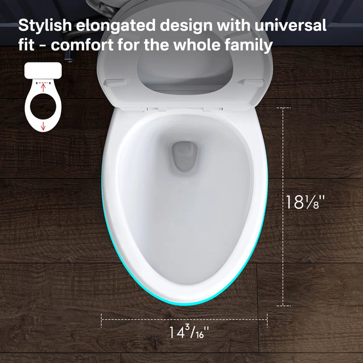 White elongated toilet seat, universal fit design with dimensions.