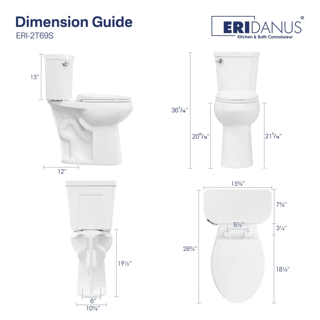 ERIDANUS ERI-2T69S elongated toilet dimension guide, 12-inch rough-in