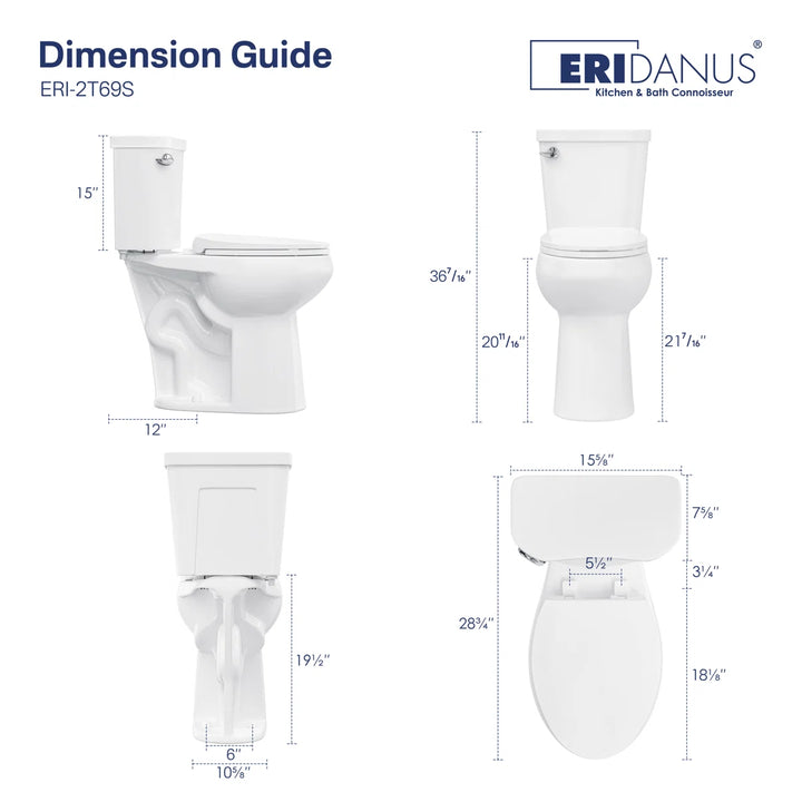ERIDANUS ERI-2T69S elongated toilet dimension guide, 12-inch rough-in