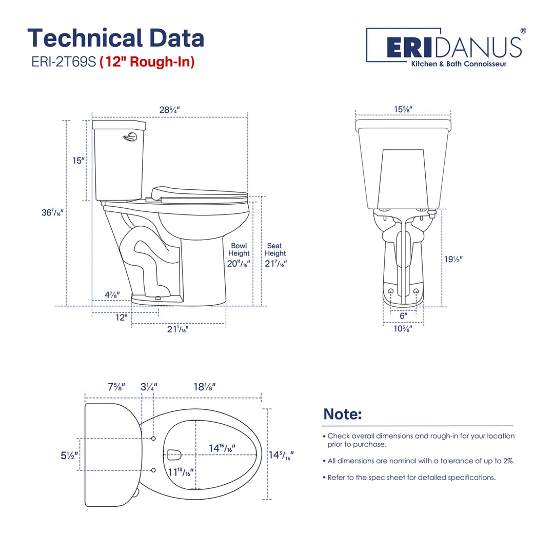 ERIDANUS ERI-2T69S toilet dimensions and 12-inch rough-in technical data