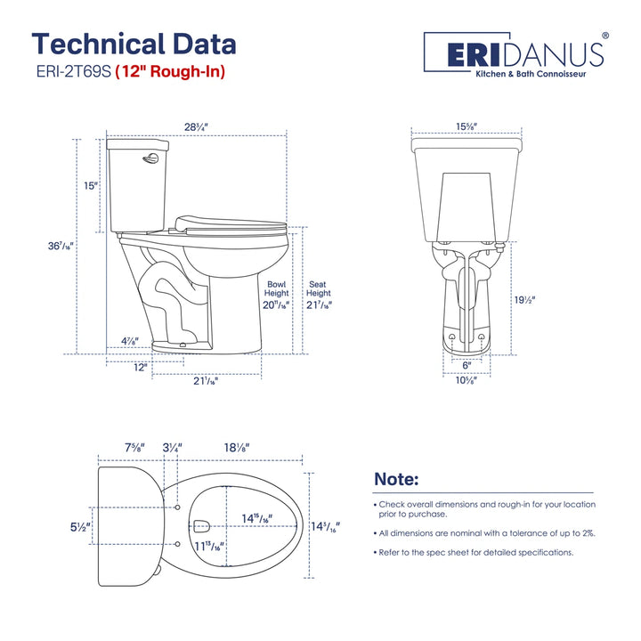 ERIDANUS ERI-2T69S toilet dimensions and 12-inch rough-in technical data