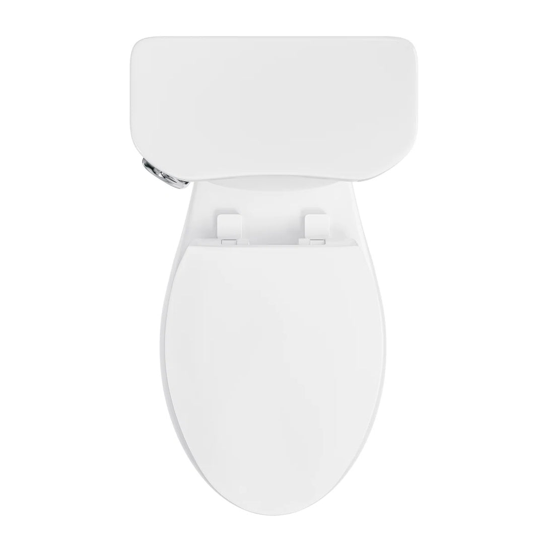 Top view of a white elongated ceramic toilet with a closed lid.