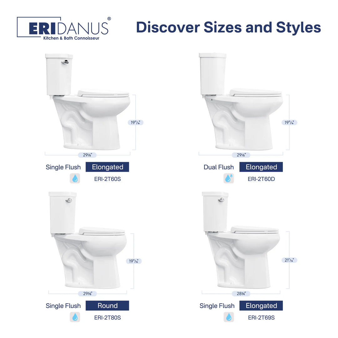 ERIDANUS toilets in elongated and round styles with flush options.