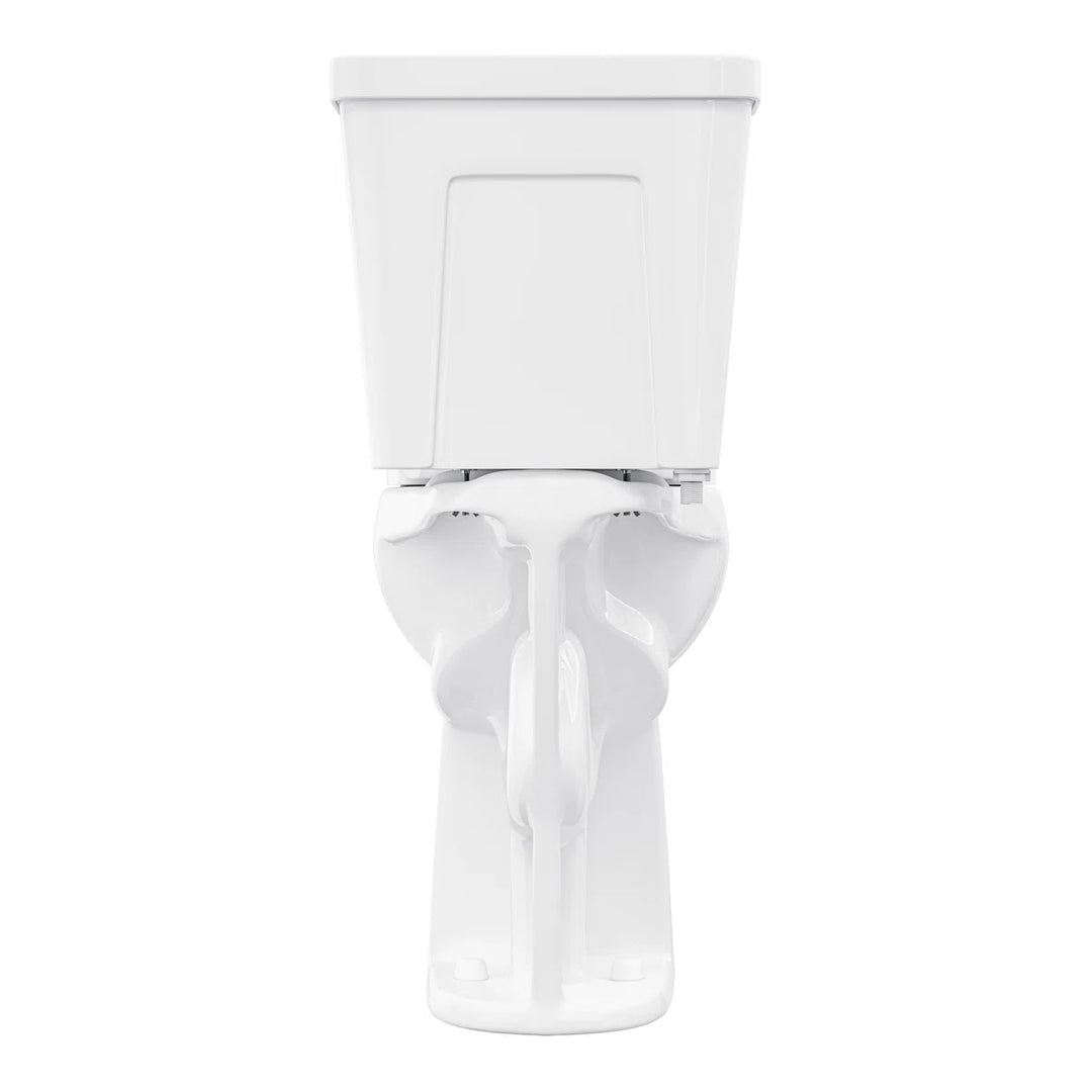 Back view of white two-piece ceramic toilet showing base structure.