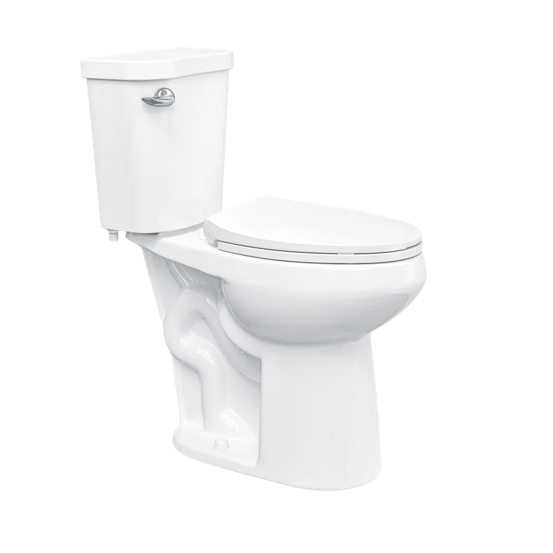 White two-piece elongated ceramic toilet with side flush lever.