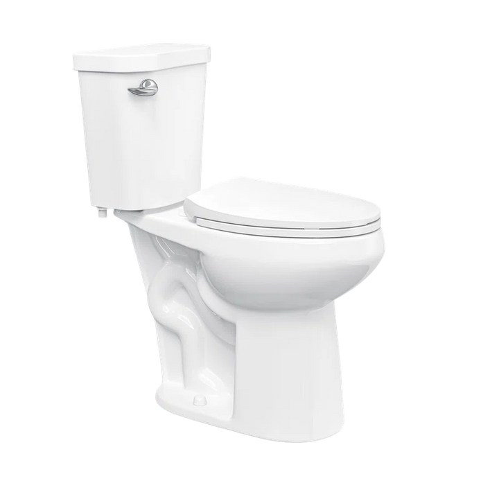 White two-piece elongated ceramic toilet with side flush lever.