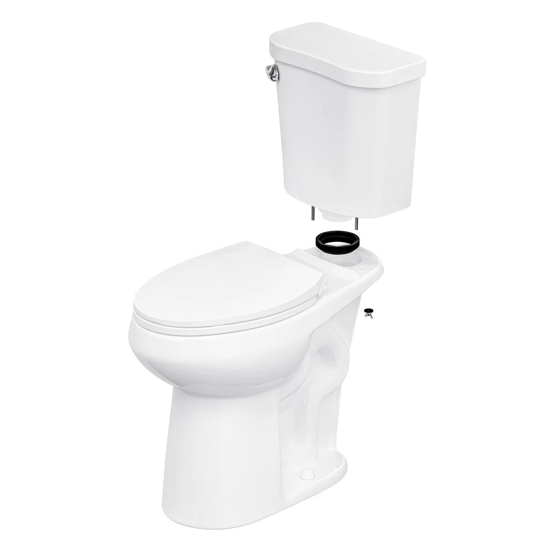 White two-piece elongated toilet with tank and gasket assembly.