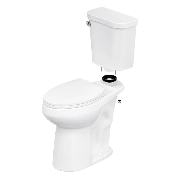 White two-piece elongated toilet with tank and gasket assembly.