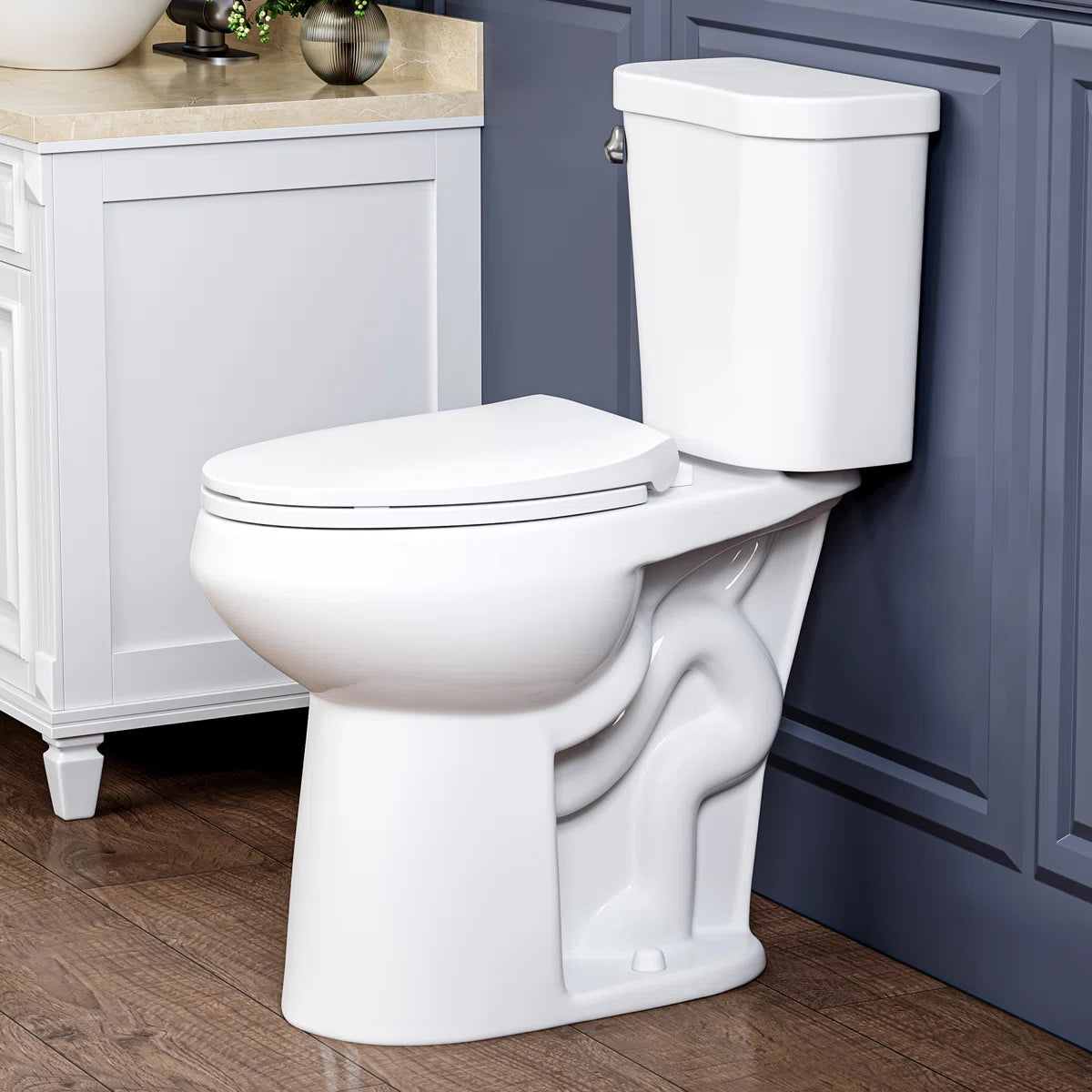[Brand] White Porcelain Two-Piece Elongated Toilet with Chrome Lever