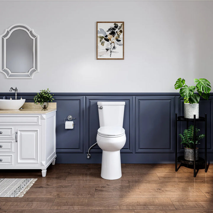 [Brand] White Porcelain Two-Piece Elongated Toilet with Chrome Lever