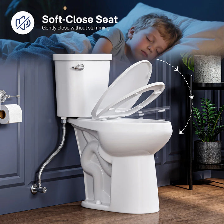 ERIDANUS white toilet soft-close seat feature near sleeping child