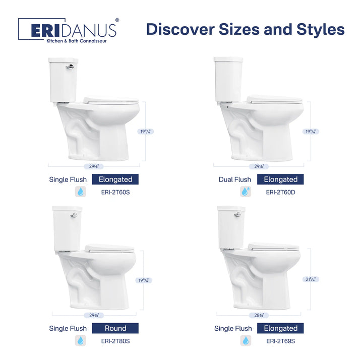 Eridanus toilet collection with elongated, round, single, and dual flush styles.
