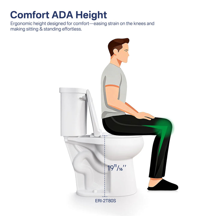 White ADA chair height toilet with ergonomic design for easy sitting.