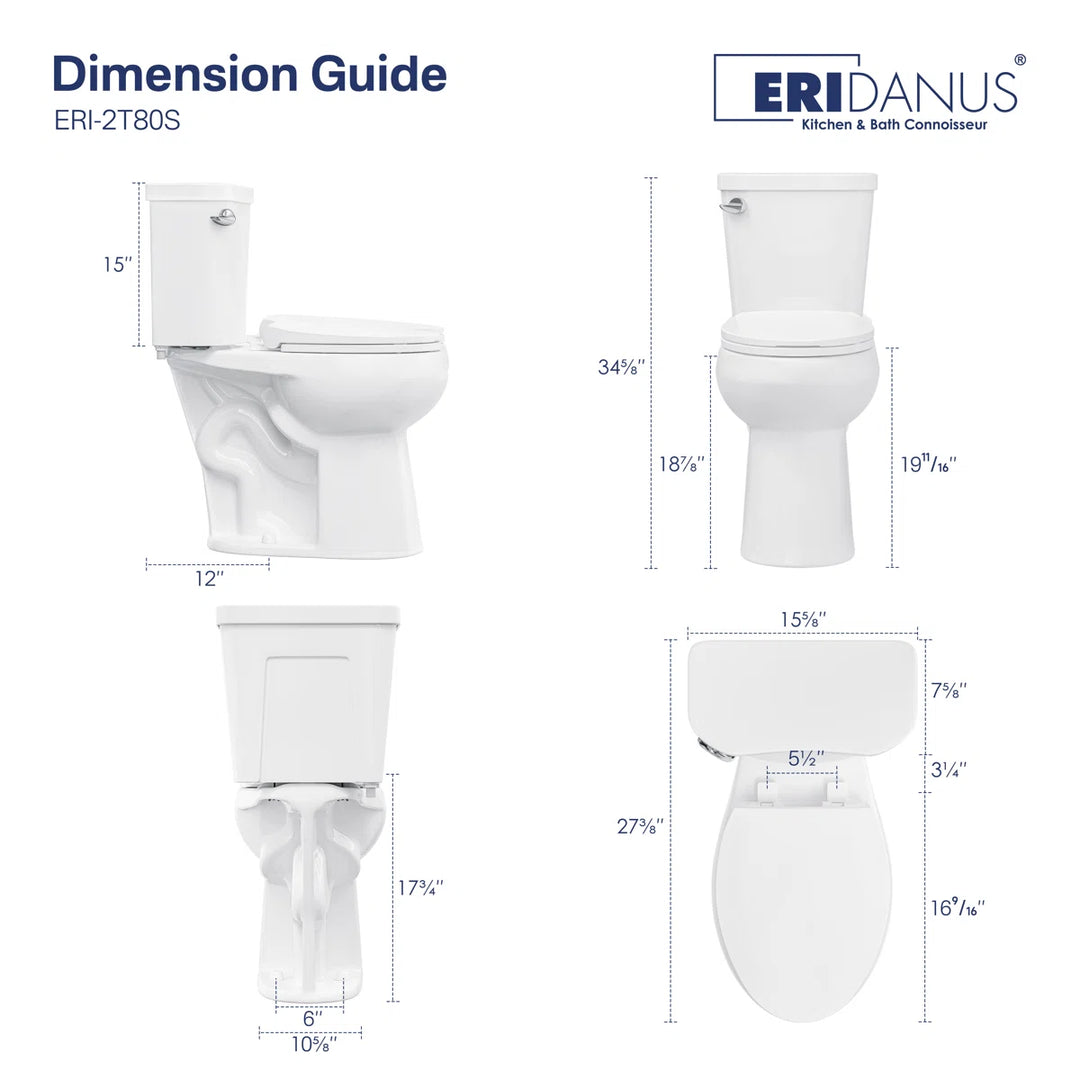 Eridanus ERI-2T80S white two-piece toilet dimension guide.