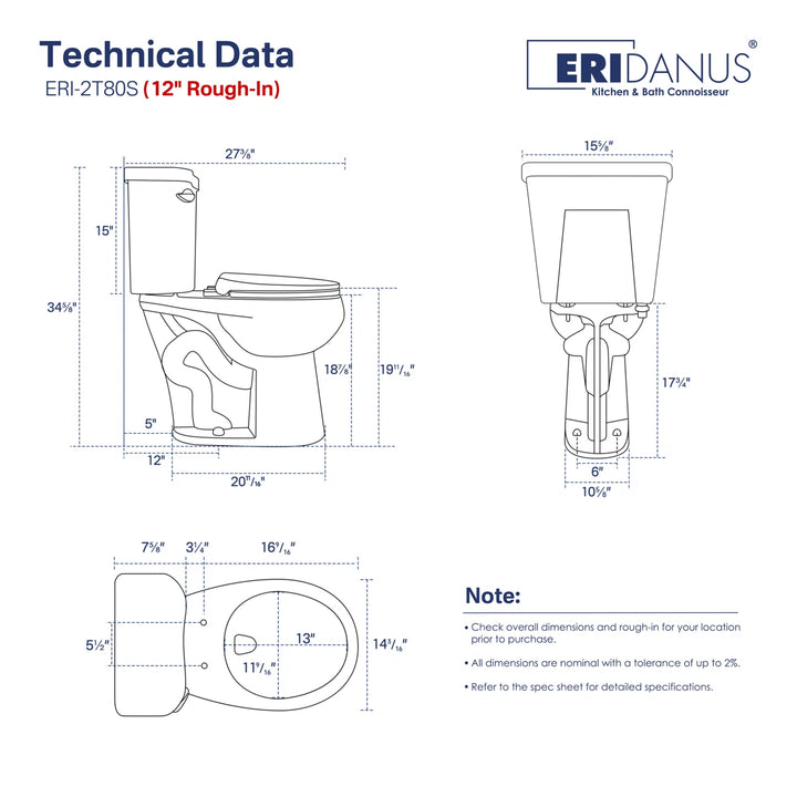 Eridanus ERI-2T80S 12" rough-in two-piece toilet technical data.