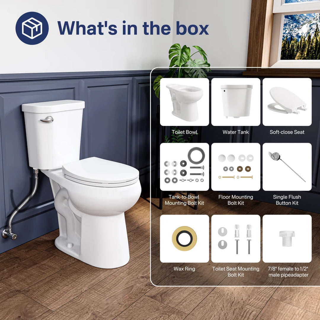 Eridanus white toilet with tank, soft-close seat, and mounting hardware.
