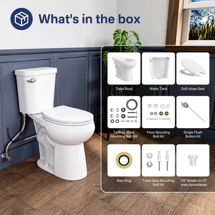 Eridanus white toilet with tank, soft-close seat, and mounting hardware.