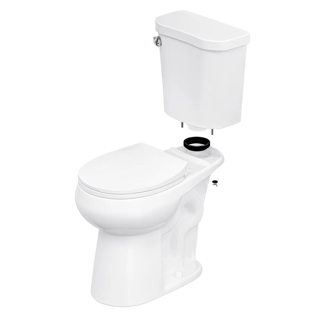 White ceramic two-piece toilet with detached tank and rubber gasket.