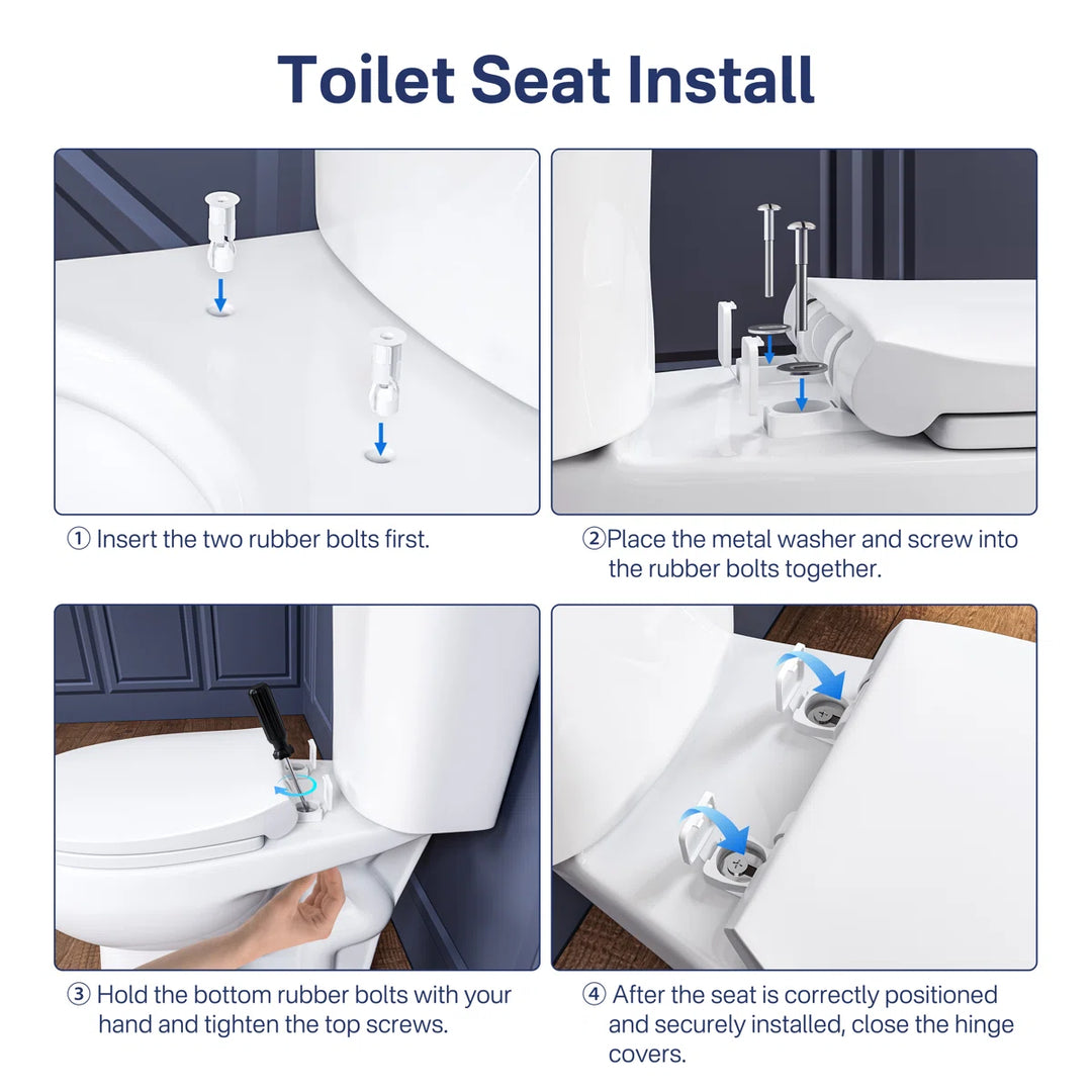 Four-step toilet seat installation guide with bolts and hinge covers.