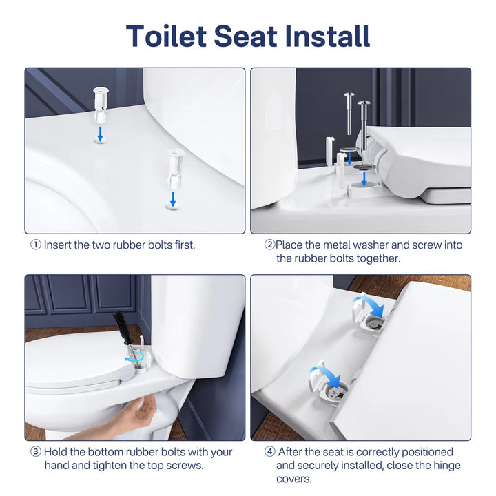 Four-step toilet seat installation guide with bolts and hinge covers.