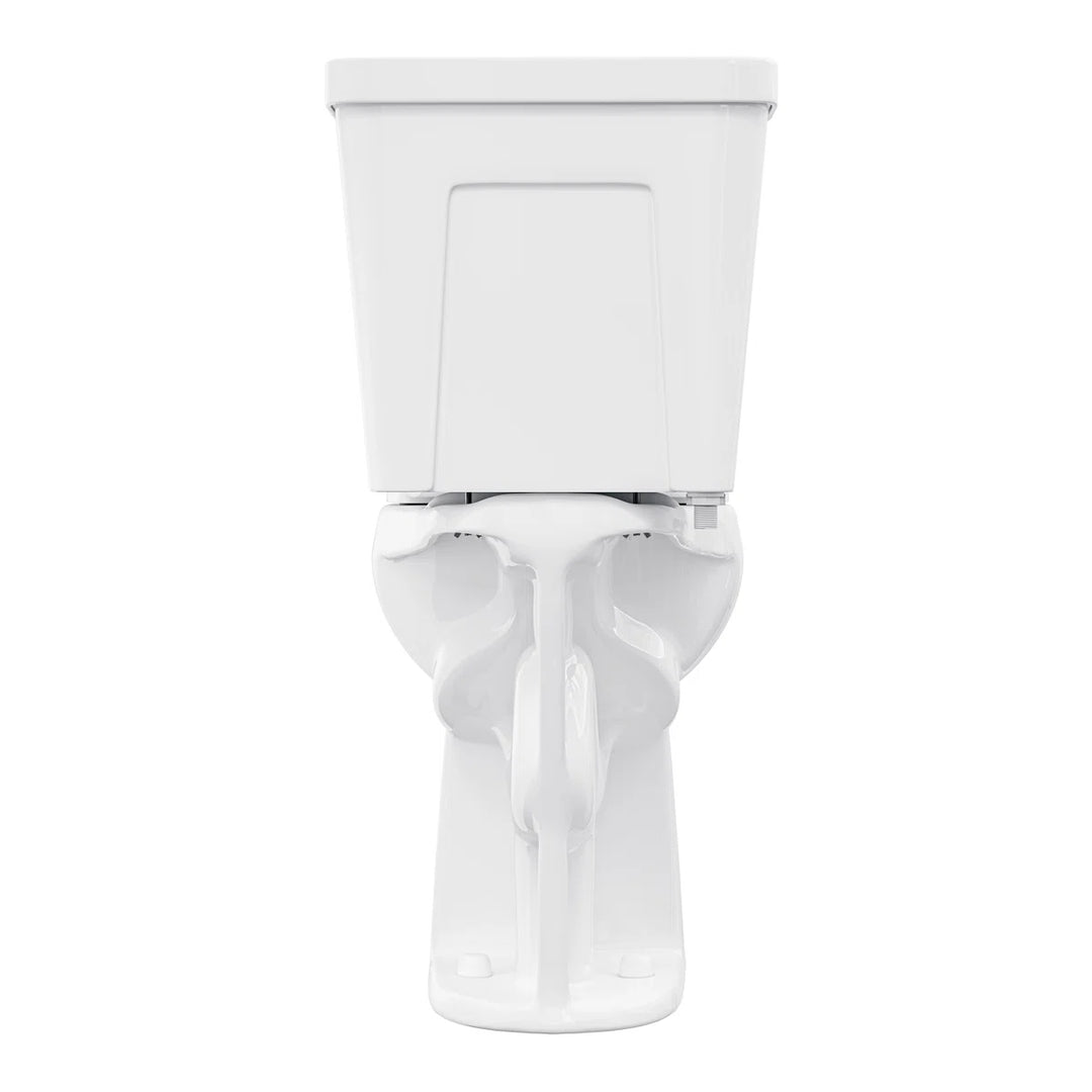 Back view of white ceramic floor-mounted toilet with concealed trapway.