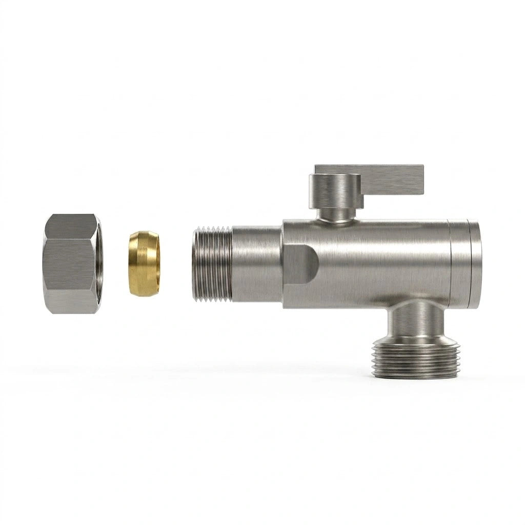 Polished chrome angle valve with adapter, brass sleeves &amp; filter for Piedmont smart toilets