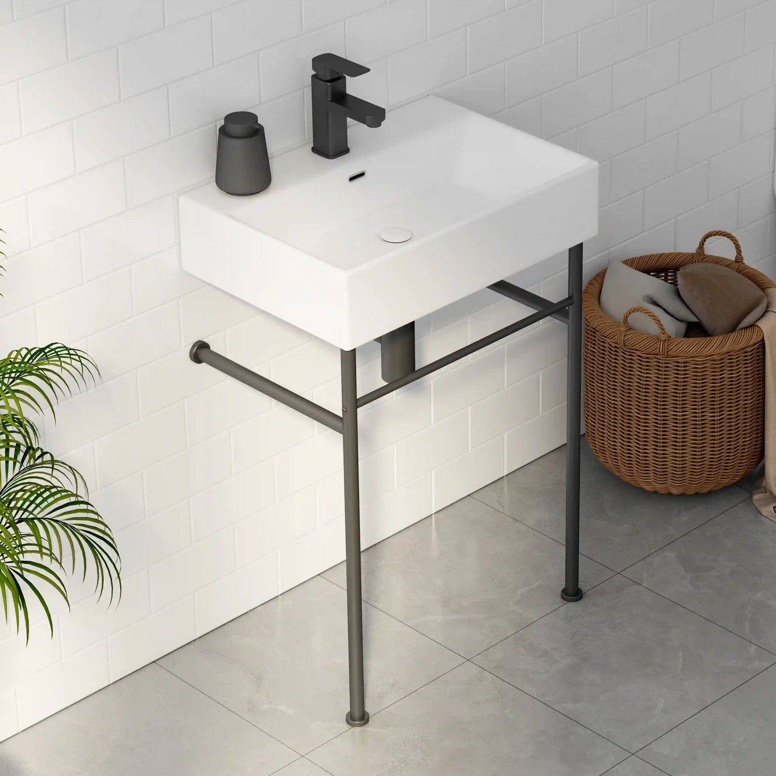 Rectangular wall-mounted sink with metal legs and matte black faucet#finish_white-matte-black