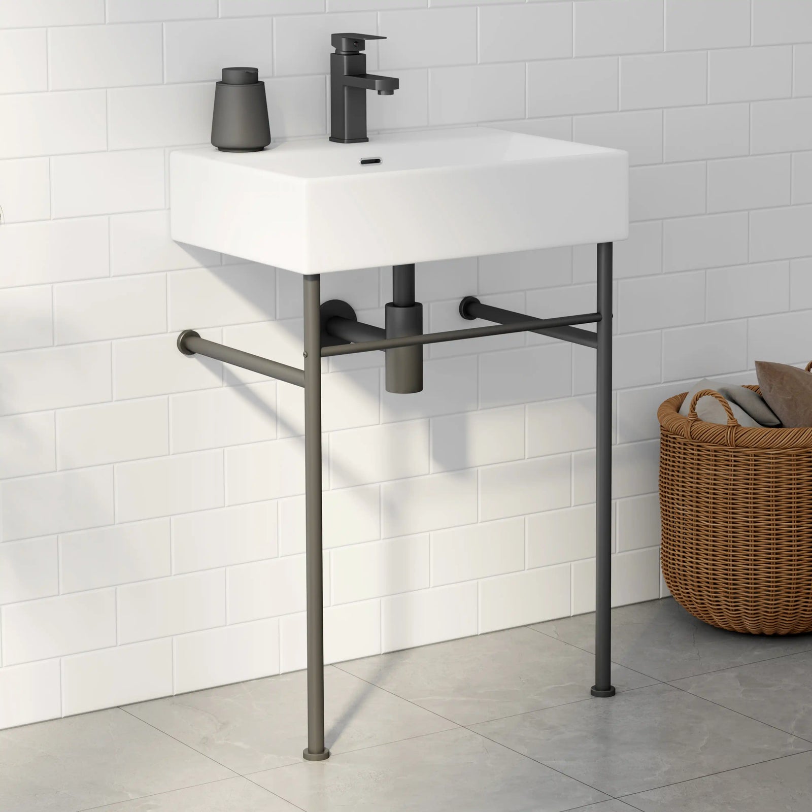 Wall-mounted rectangular sink with metal legs and matte black faucet#finish_white-matte-black