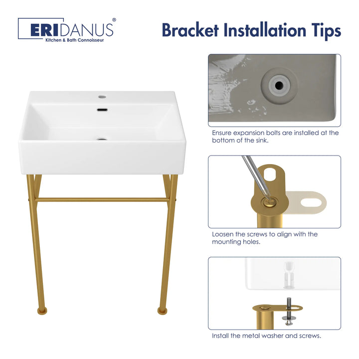 White sink with gold stand and bracket installation steps
