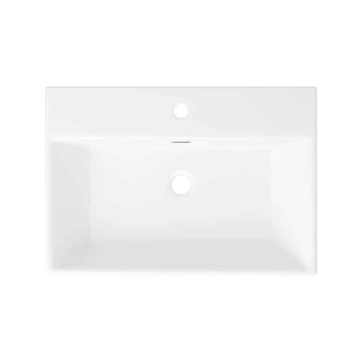 White rectangular ceramic sink with overflow and drain hole