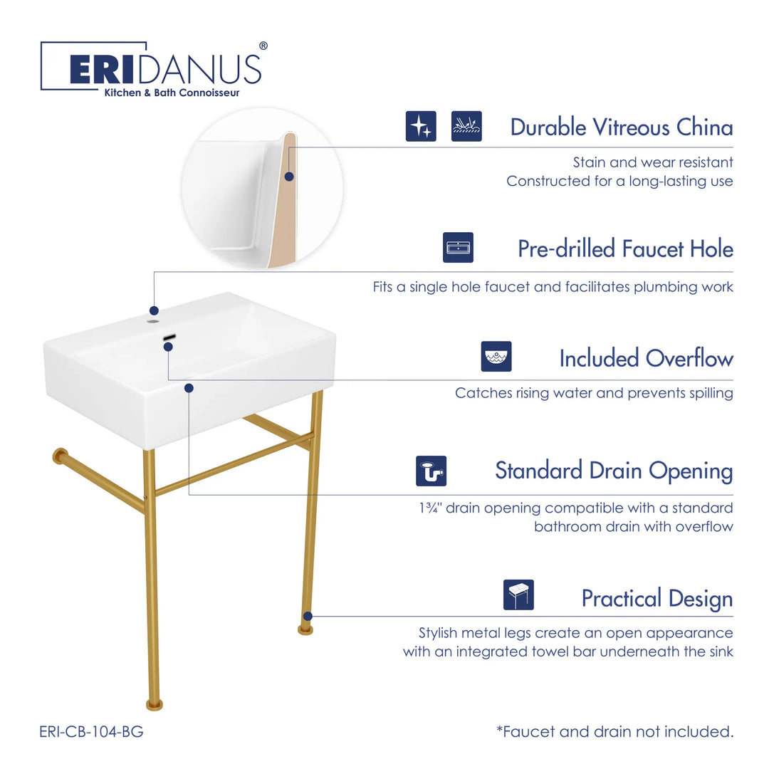 White ceramic sink with gold stand and feature highlights