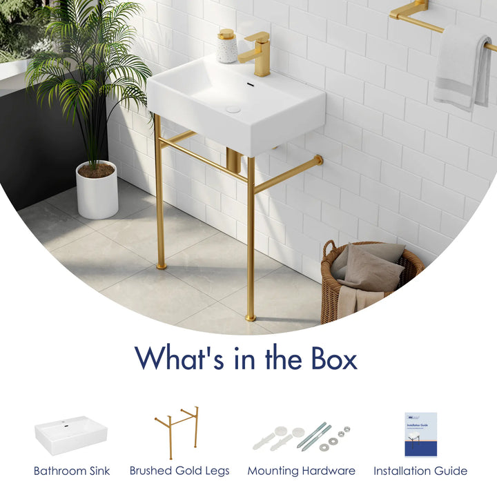 White sink with gold legs and included mounting hardware set