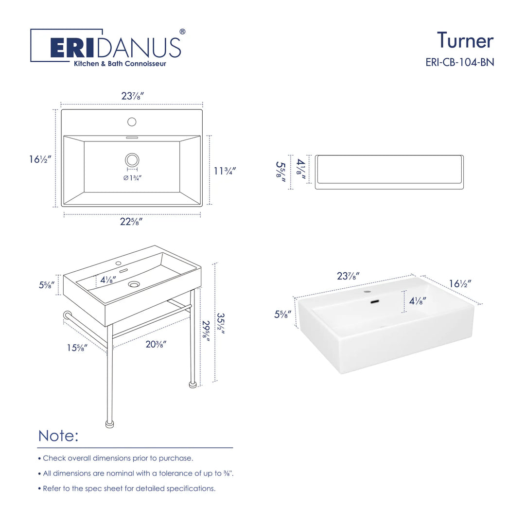Eridanus Turner console sink dimensions and metal stand specifications.
