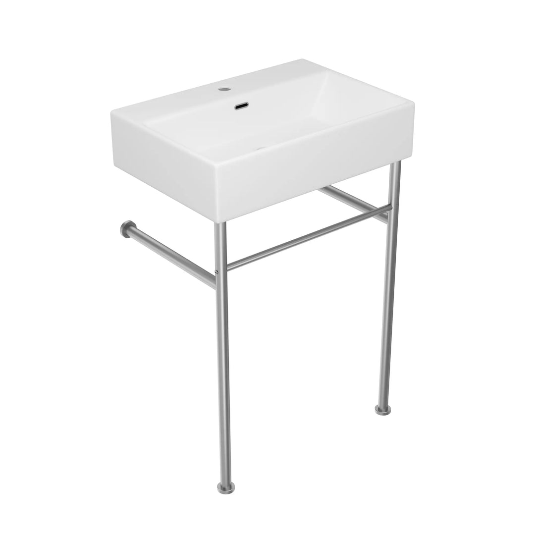 Eridanus white console sink with brass gold stand and faucet.