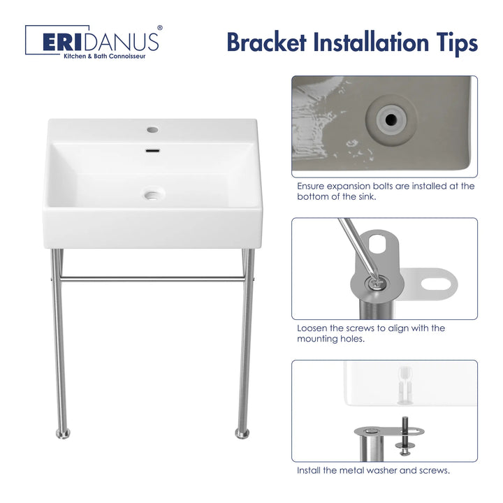 White ceramic sink with metal stand and bracket installation details